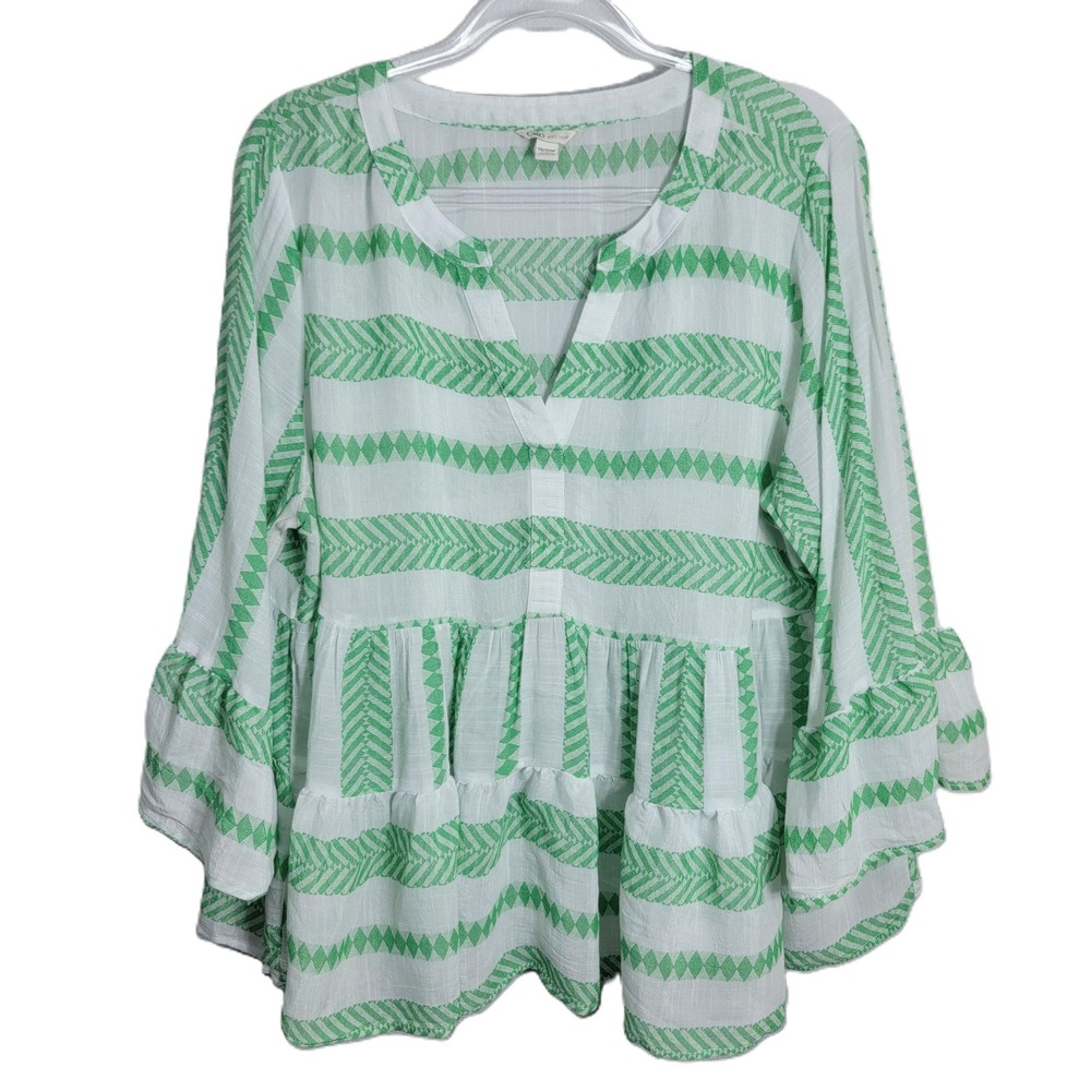 Cato Women‎ 18/20W Blouse Green White Geometric Peplum Ruffle Bell Sleeve Boho
